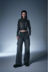 Sand Washing Crop Biker Denim Jacket