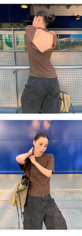 カラー バックオープン ルーズフィット 半袖Tシャツ