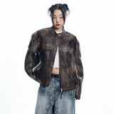 Washed Line Leather Jacket - BROWN