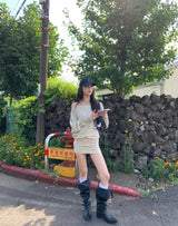 ベージュルーズフィットワイドネックミニドレス