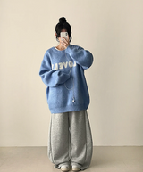 Mona Lovely Lettering Embroidery Loose Fit Round Knit