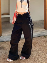 Lace Black Side Shirring Casual Pants