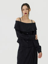 Scratch Cape Off-Shoulder Belted Shirt, Black