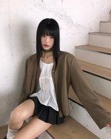 Gummy Stripe Button Round Neck Blouse