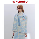 Why Berry 24SS "Sea Salt Bubble" Blue and White Checkered Short Coat Shoulder Pads Straight Jacket