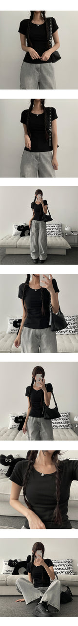 [Short, Basic/S-3XL] Cropped Banded Waist Wide Cargo Denim Pants