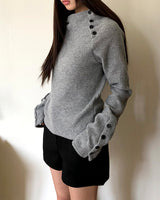 Renin Button High-Neck Hooded Ribbed Long-Sleeve Knit