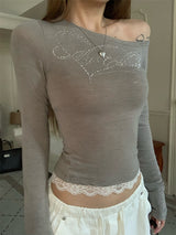 Beads Unbalanced Off-Shoulder Laced Long-Sleeved T-Shirt