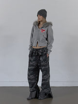 FUR TRIMMING HOODED ZIP-UP / MELANGE GRAY