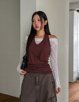 Ruffle see-through shirring drape long sleeve