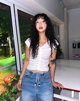 Fold-Over Distressed Wide Denim Pants