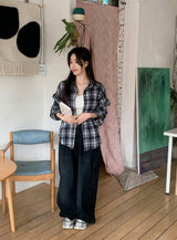 #Deep Blue Vintage Check Loose Shirt