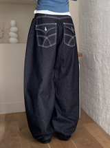 [S-3XL] ポケットステッチバルーンワイドデニムパンツ (3color)