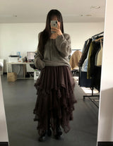 [Luxury✨🎀] ロペズフリルシースルーアンバランスカンカンロングスカート 3 colors
