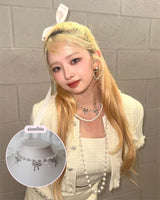 [IVE Rei Necklace] Three Ribbons Pearl Choker Necklace - Silver Color