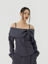 Scratch Cape Off-Shoulder Belted Shirt, Charcoal