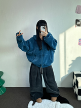 リボンパターンベルベットフードジップアップ💚💙🖤 - 3カラー