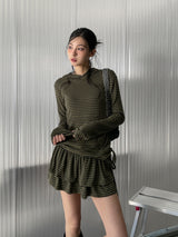 Berry Stripe Hood Flare Wrap Skirt Set