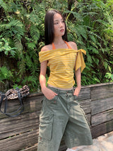 Unbalanced Color Off-Shoulder Strap Stripe Tee