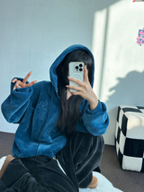 リボンパターンベルベットフードジップアップ💚💙🖤 - 3カラー