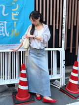 ディープスリット コットン ロング デニム スカート (Light Wash)