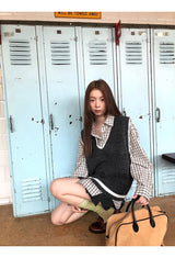 French checkered pocket loose fit long-sleeved shirt