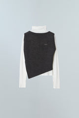 レイヤードベストモックネックTシャツ - アイボリー/チャコール