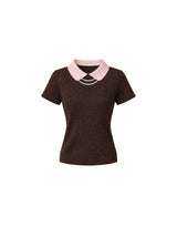 Elodie Pearl Collar Cable Short Sleeve Knit Top Brown