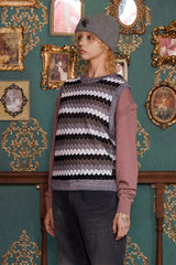 STRIPE CROCHET KNIT VEST / GREY