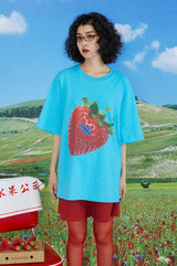 ストロベリーストアスタッフプリントラウンドネックカジュアル通気性半袖Tシャツ夏