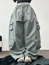FLEECE/STRING TWO CARGO RIVET WIDE BALLOON LONG PANTS💚🤎🖤🩶4COLOR