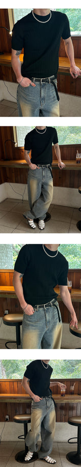 [BASIC ITEM] Cable round neck half knit(4color)