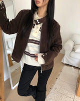 Apit Suede High-Neck Stud Seam Long Sleeve Jacket