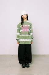 バタフライストライプ長袖Tシャツ - グリーン/ホワイト