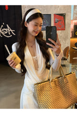 White Smudge Lace Shirring Long Sleeve T-shirt