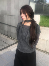 [Muffler Set/Fake Layered] チャドストライプレイヤードショートスリーブニットTシャツセット