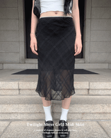 [🖤MD PICK]トワイライト ピンター チェック シースルー ロング ミディ スカート (Black)