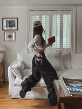 Heart pink stitch indigo denim pants