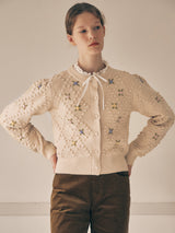 HAND FLOWER POMPOM CARDIGAN IVORY
