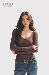ブラウン フラワー Vネック ロングスリーブ Tシャツ