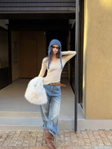 wool base lace V-neck long-sleeved t-shirt