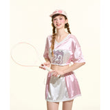 [GirlyFancyClub] Sweet and Cool Girl Color-block Quick-dry Satin Sporty Style Dual-wear Loose T-shirt