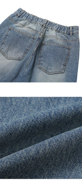 [S-XL] Light blue half banding denim pants
