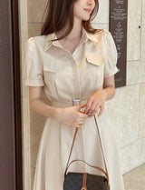 Kazz Shirt Collar Puff Sleeve Long One Piece (Belt Set)