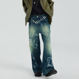 Cotton fountain pattern burnout contrast color washed straight jeans trousers