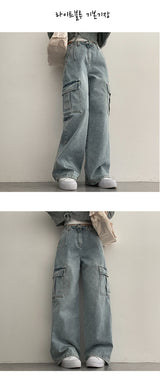 [Short, Basic/S-3XL] Cropped Banded Waist Wide Cargo Denim Pants