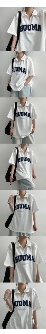 Janbeau レタリングハーフジップアップ半袖Tシャツ