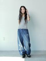 DEMON SIDE DIRTY LOGO DENIM BANDING PANTS UNISEX