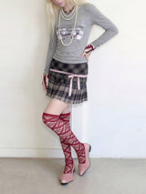 Emoha オリジナル ウィメンズ グレー ロングスリーブ レーストリム スリムフィット セクシーTシャツ