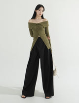 Off-Shoulder Ribbed Slit Cardigan